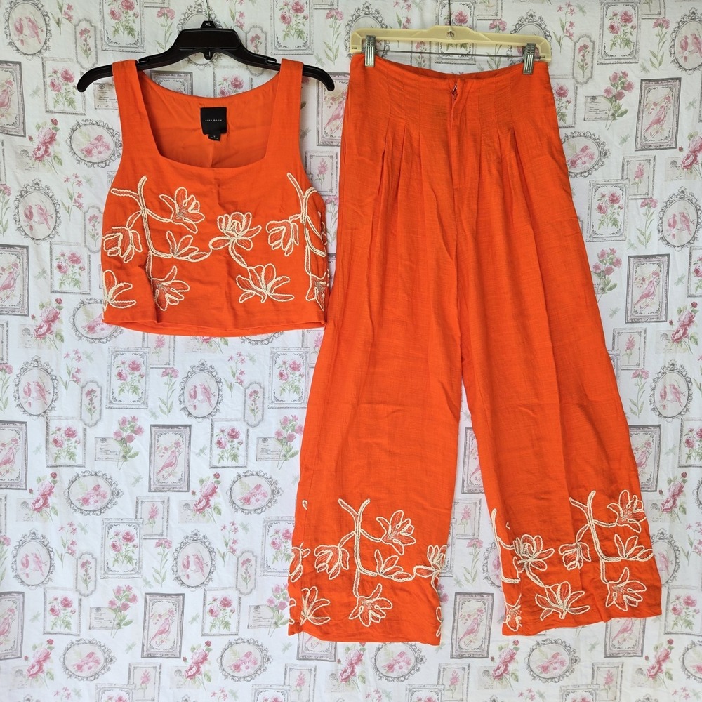 Alex Marie Orange Linen Blend Embroidered Crop Top Wide Leg Pants Set Sz S 4